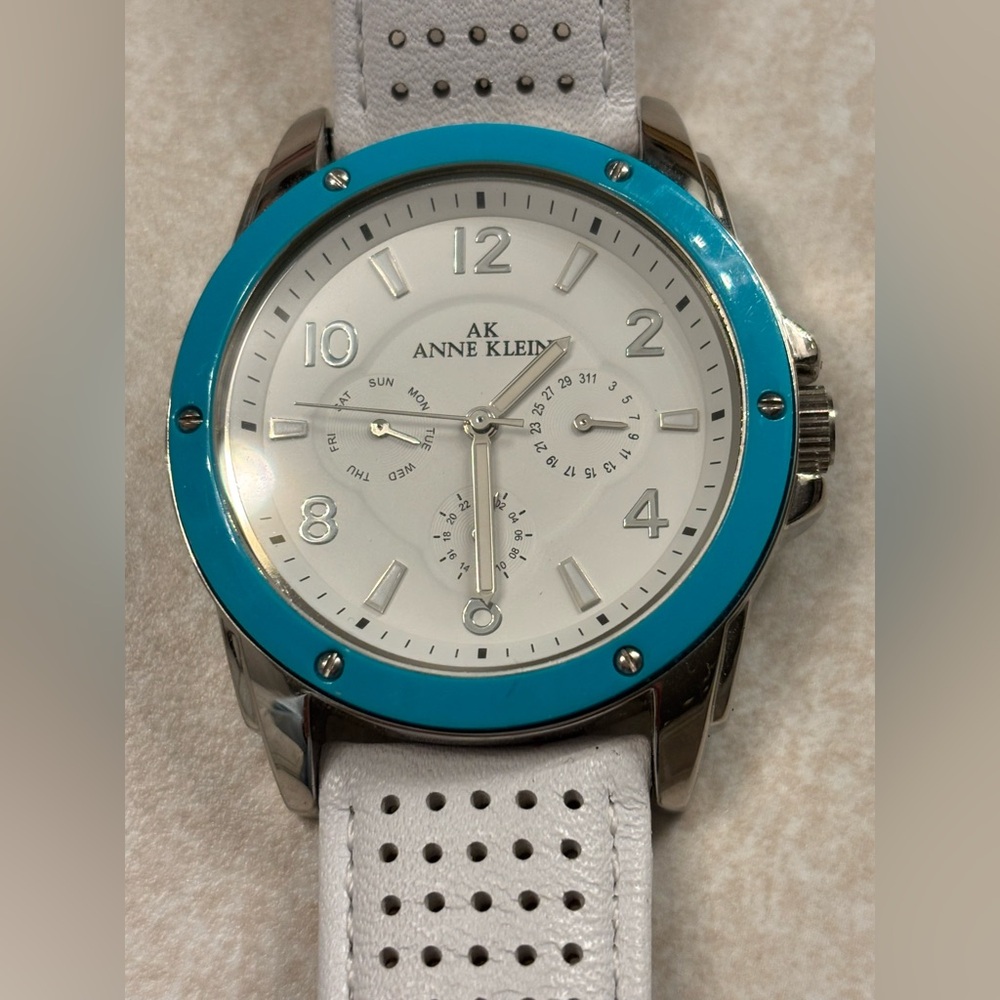 Anne Klein White Strap Watch with Turquoise Blue Bezel